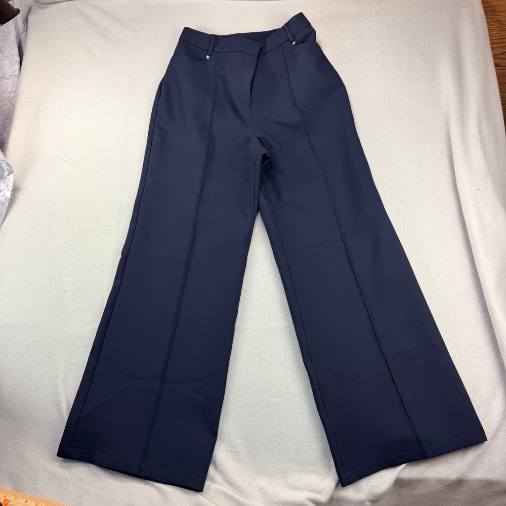 Reiss Navy Blue Wide Leg Pintuck Trousers High Rise Professional Pants 30x31.5